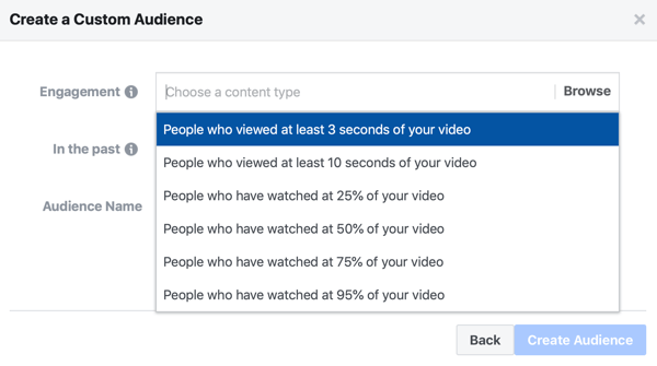 Mahdollisuus luoda mukautettu Facebook-mainosyleisö ihmisistä, jotka katsoivat osan videostasi.