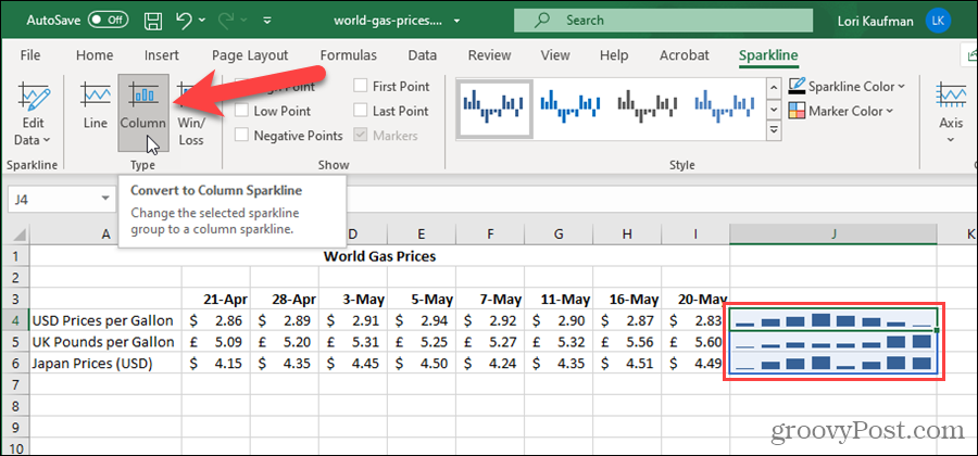 Muuta Sparkline-tyyppiä Excelissä