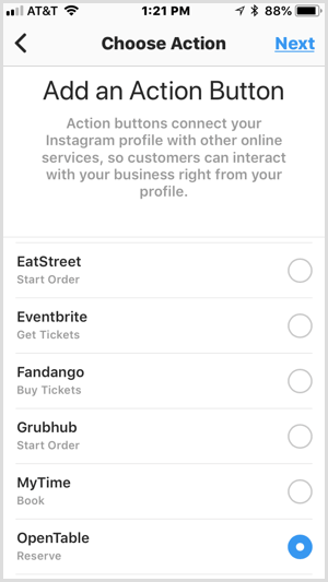 Instagram Lisää toimintopainike -näyttö kolmannen osapuolen palveluille