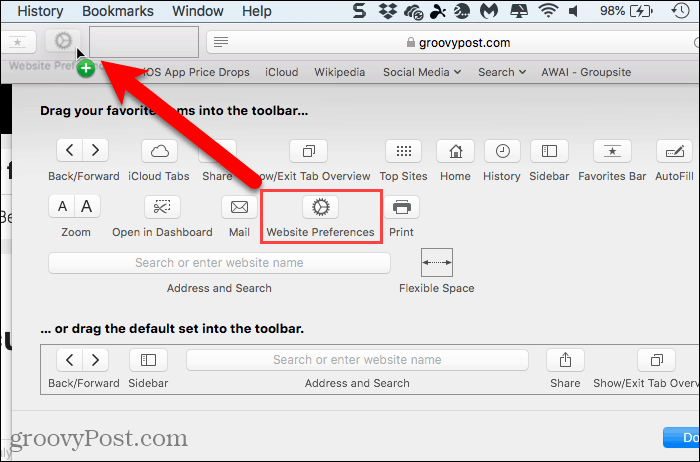 Lisää Verkkosivun asetukset -painike Safari for Mac -sovelluksen työkalupalkkiin