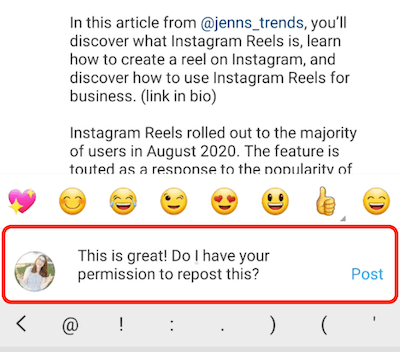 instagram post esimerkkikommentti vastaus kohteliaisuus ja pyytää lupaa lähettää sisältö uudelleen