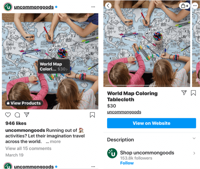 kuvakaappaukset, joissa näkyy ostotavaan tuotepostiin lisätty instagram-tagi sekä tuotteen myymäläsivu, kun postitunniste on valittu