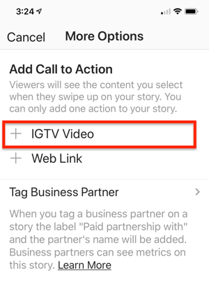 Mahdollisuus valita IGTV-videolinkki lisättäväksi Instagram-tarinasi.