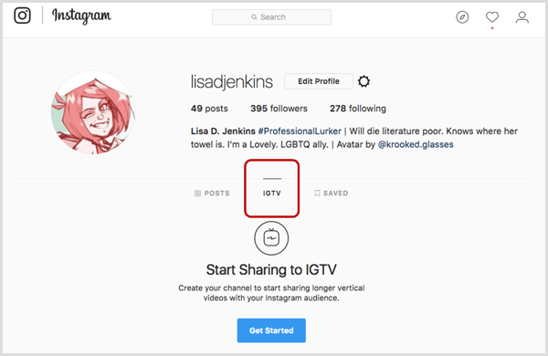 IGTV-välilehti Instagram-profiilissa.
