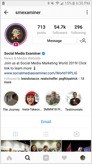 Esimerkki Instagram-yritysprofiilista