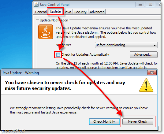 Näyttökuva: Windows 7 Poista Java-päivitystarkistus käytöstä