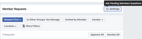 Napsauta Asetukset-kohtaa Jäsenten pyynnöt määrittääksesi odottavia jäsenkysymyksiä.