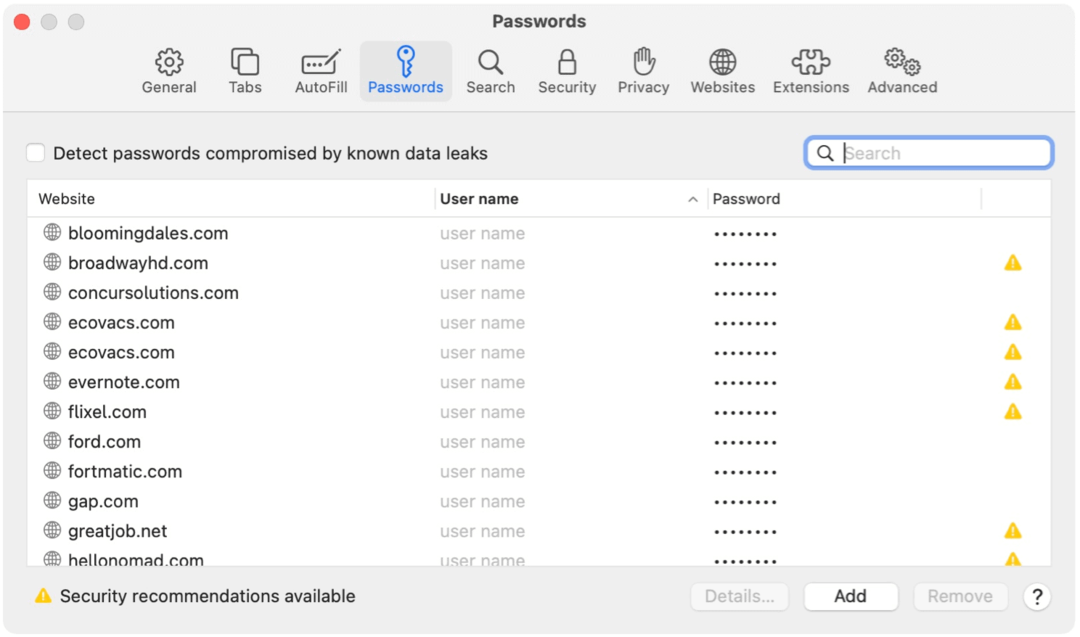Safari for Mac -esimerkkejä salasanasta
