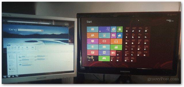 Windows 8 kaksoisnäyttöasetusten metro-työpöytäyhdistelmä, jossa monitasoinen kuva