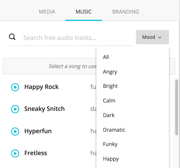 Valitse lisättävän musiikin tyyppi avattavasta Mood-luettelosta.
