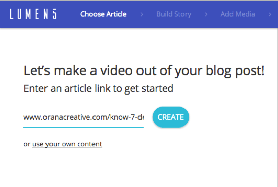 Lisää sen blogiviestin URL-osoite, josta haluat luoda Lumen5-videon.