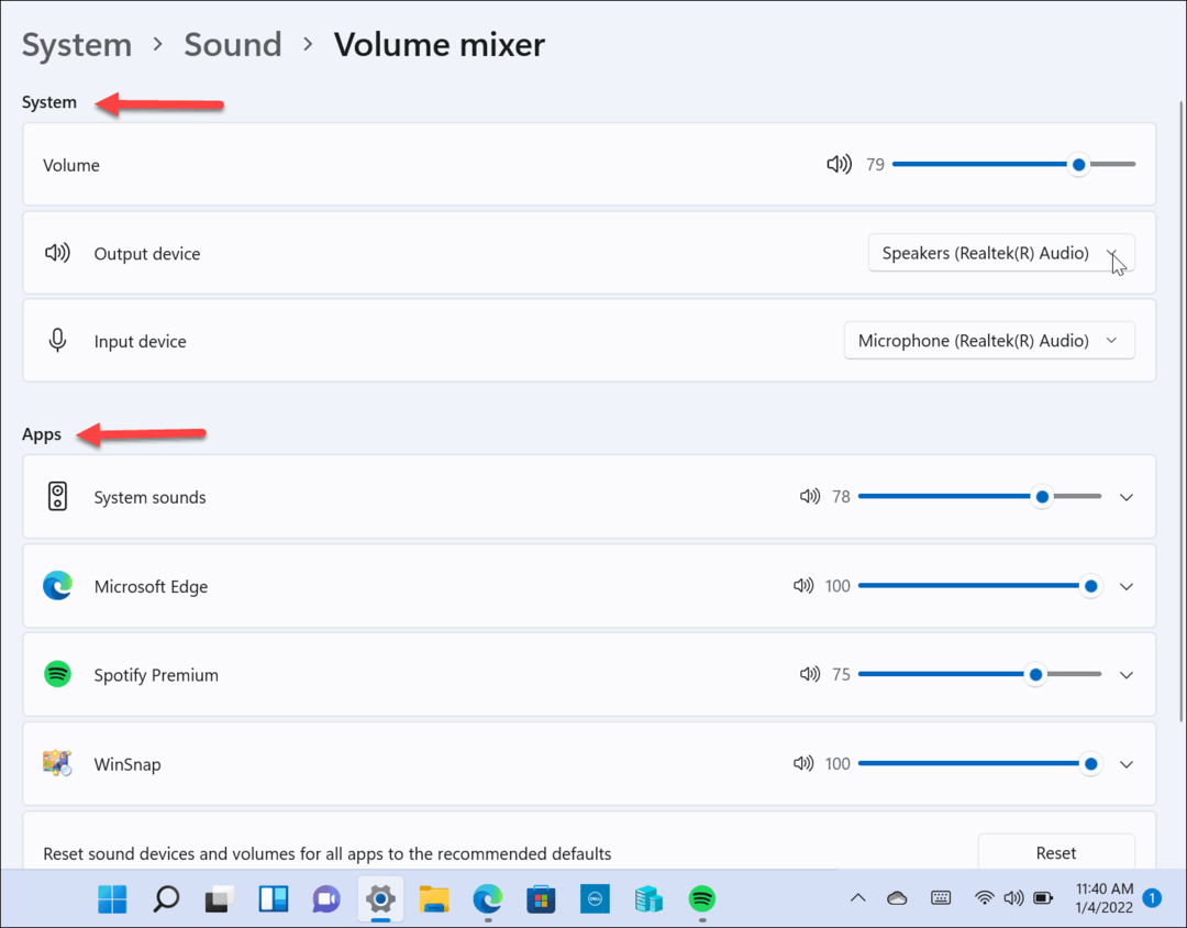 Äänenvoimakkuuden mikseri Windows 11