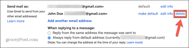 gmail poista alias