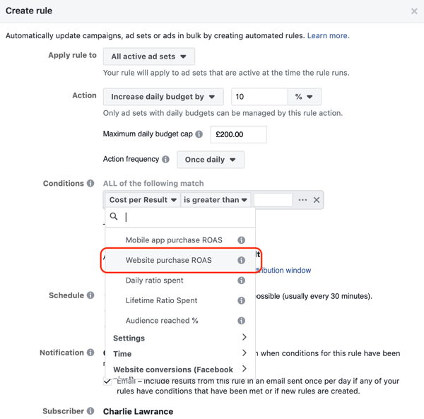 Käytä Facebookin automaattisia sääntöjä, lisää budjettia, kun ROAS on suurempi kuin 2, askel 3, aseta ehdot