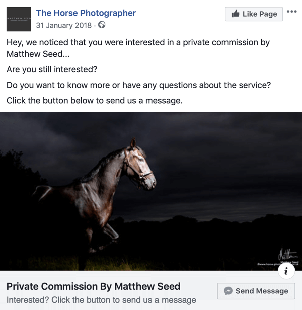 Kuinka muuntaa verkkosivuston kävijöitä Facebook Messenger -mainoksilla, vaihe 3, lähetä esimerkki The Horse Photographer