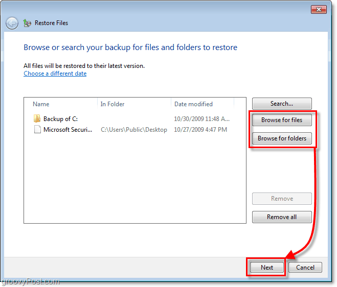 Windows 7 varmuuskopiointi - valitse, mitkä tiedostot tai kansiot haluat palauttaa