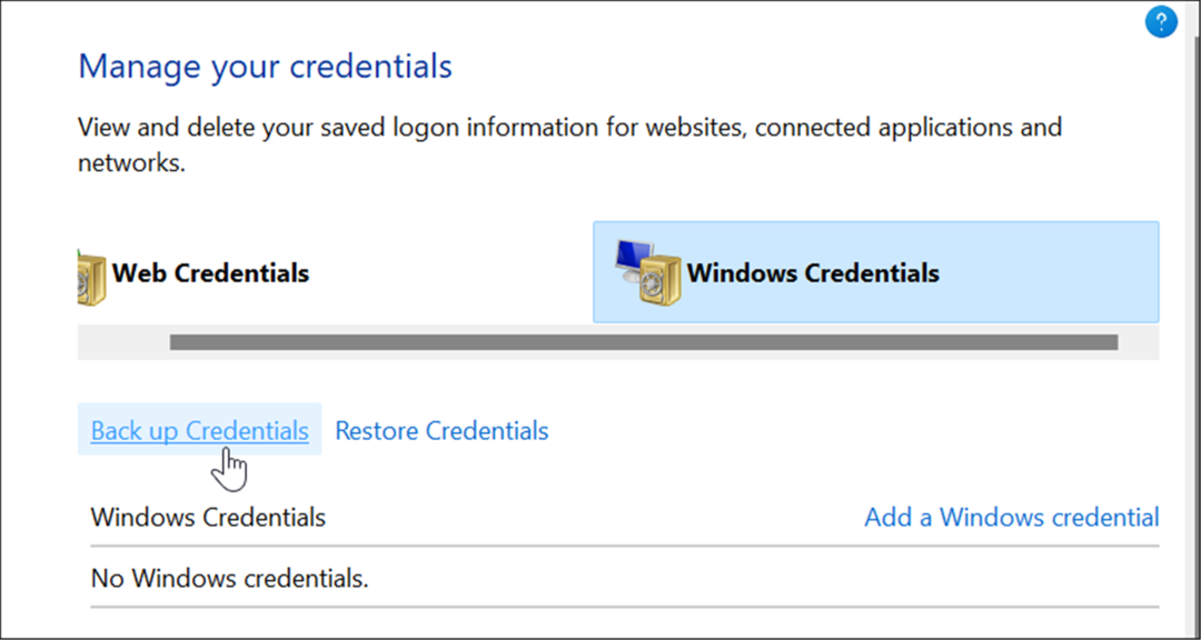 varmuuskopiointi käyttöoikeustietojen hallinta Windows 11:ssä