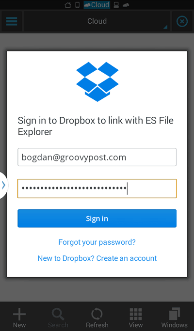 ES File Explorerin sisäänkirjautumisruutu