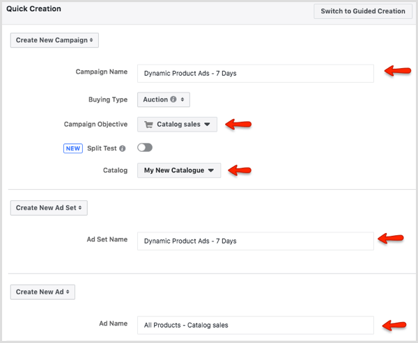 Nopea luominen -ikkuna Facebook Ads Managerissa