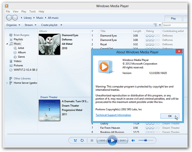 Windows Media Player Windows 8 -työpöydällä