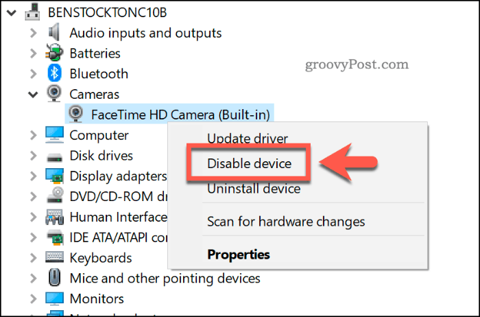 Laitteen poistaminen käytöstä Windows 10 Device Manager -sovelluksessa