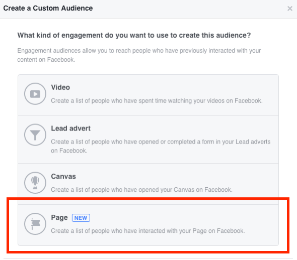 Valitse Sivu sitoutumistyypiksi, jota haluat käyttää mukautetun Facebook-yleisön luomiseen.