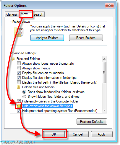 Napsauta Windows 7 -kansioasetukset-valintaikkunassa näkymä-välilehteä ja poista sitten piilotuslaajennusten valinta tunnetuista tiedostotyypeistä