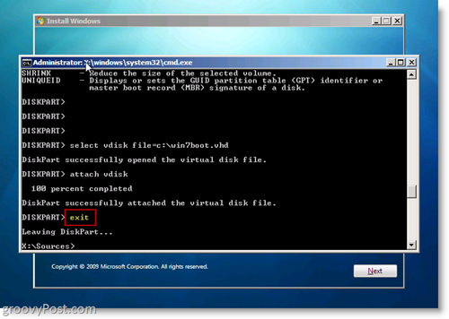 Windows 7 Native VHD -asennus Dual Boot Exit CMD -kehote