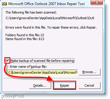 Näyttökuva - Outlook 2007 ScanPST -korjausvalikko