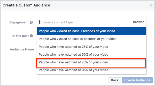 Valitse Luo oma yleisö -valintaikkunasta Ihmiset, jotka ovat katsoneet 75% videostasi.