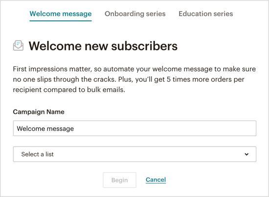 Valitse automaattisen tervetulosähköpostin tyyppi, jonka haluat lähettää Messenger-botin kautta. 