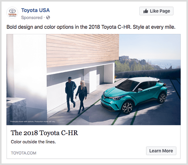 Toyotan Facebook-sitouttamismainoksessa on turkoosi Toyota C-HR ja siinä on Lisätietoja-painike.