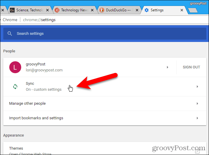 Napsauta Synkronoi Chromen asetukset -näytössä Windowsissa