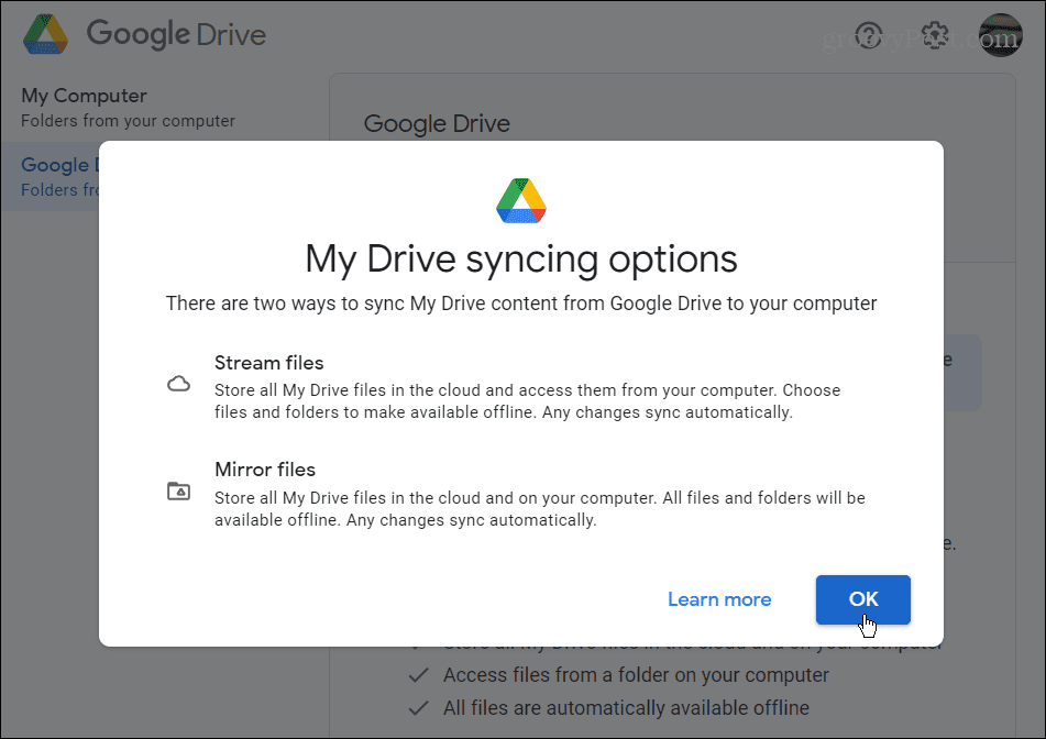 Google Driven synkronointiasetukset