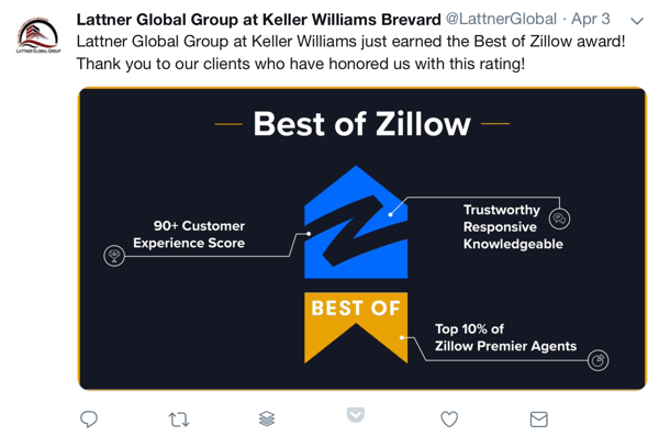 Kuinka käyttää sosiaalista todistetta markkinoinnissasi, esimerkkipalkinto ja sosiaalinen kiitos asiakkaille Lattner Global Groupilta Keller Williams Brevardilta