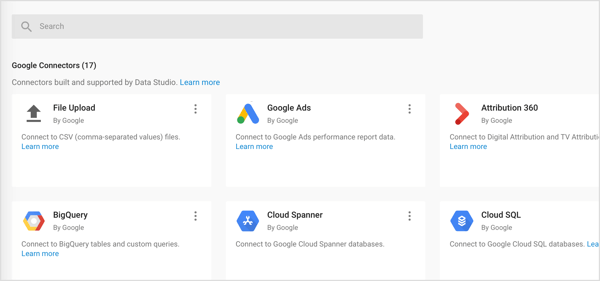 Tuo kolmen tyyppisiä liittimiä Google Data Studioon: Google-liittimet, Partner-liittimet ja avoimen lähdekoodin liittimet.