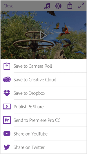 Jaa Adobe Premiere Clip -videosi suoraan YouTubeen ja Twitteriin tai tallenna se galleriaasi tai Creative Cloudiin