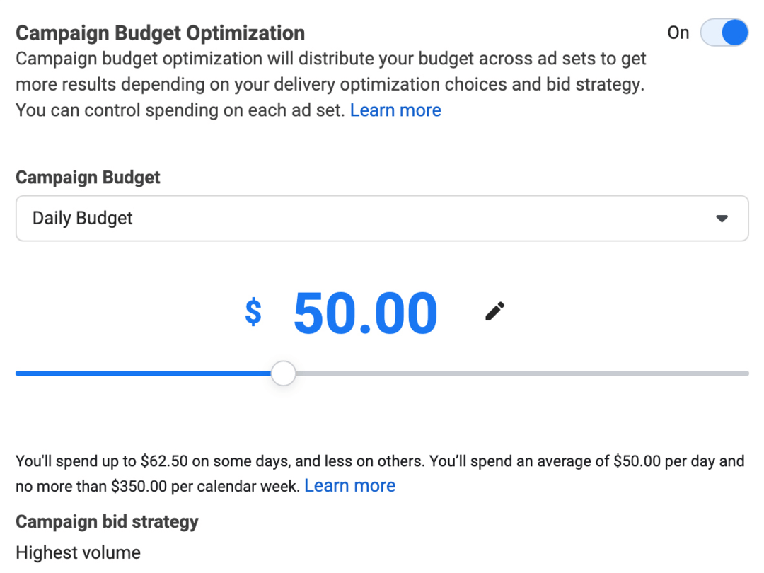 kuva Kampanjan budjetin optimointi -osiosta Ads Managerissa