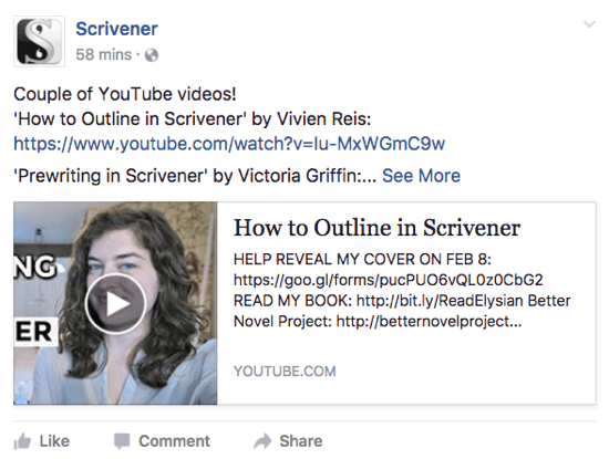 Scrivener jakaa YouTube-videon, josta käyttäjät saattavat pitää Facebook-sivulla.
