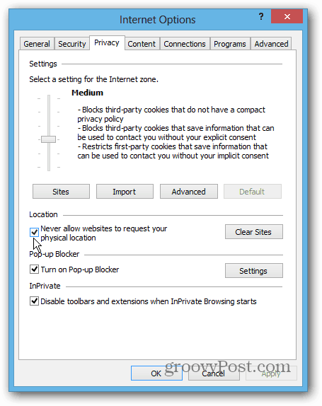 IE 10 Win8 Desktopin yksityisyys