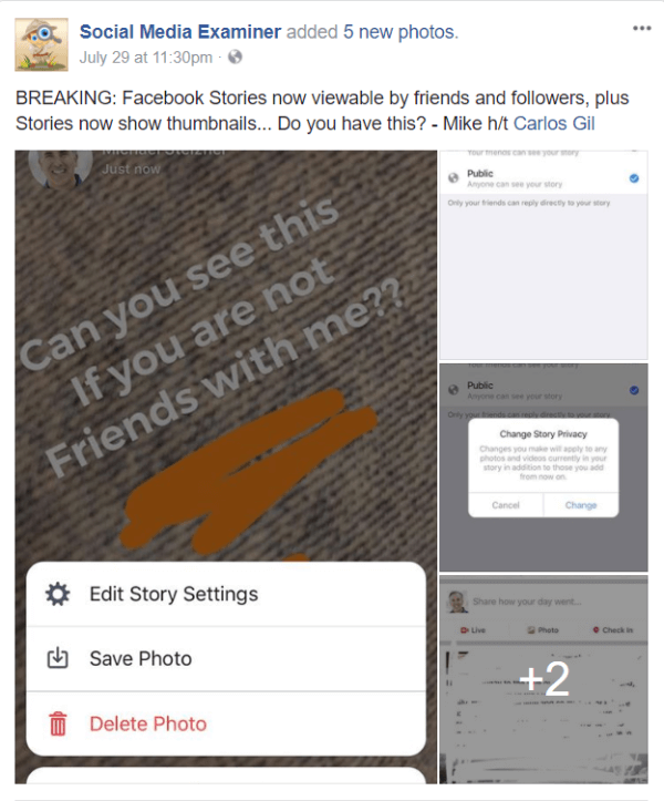 Facebook julkaisee julkisen jakamisen ja pikkukuvat tarinoille.