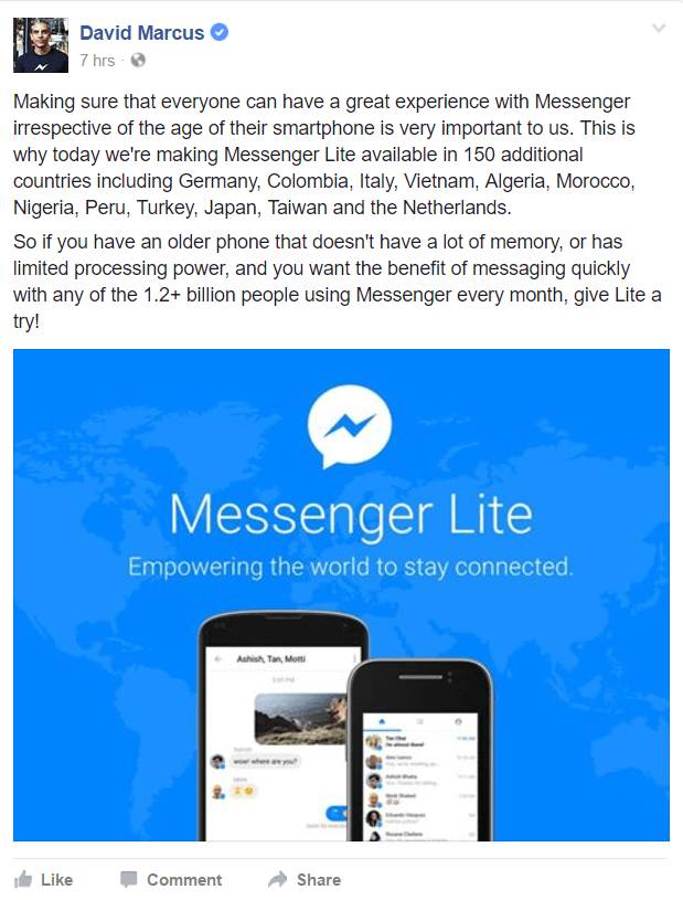 Facebook Messenger Lite on nyt saatavana useammissa maissa ympäri maailmaa.