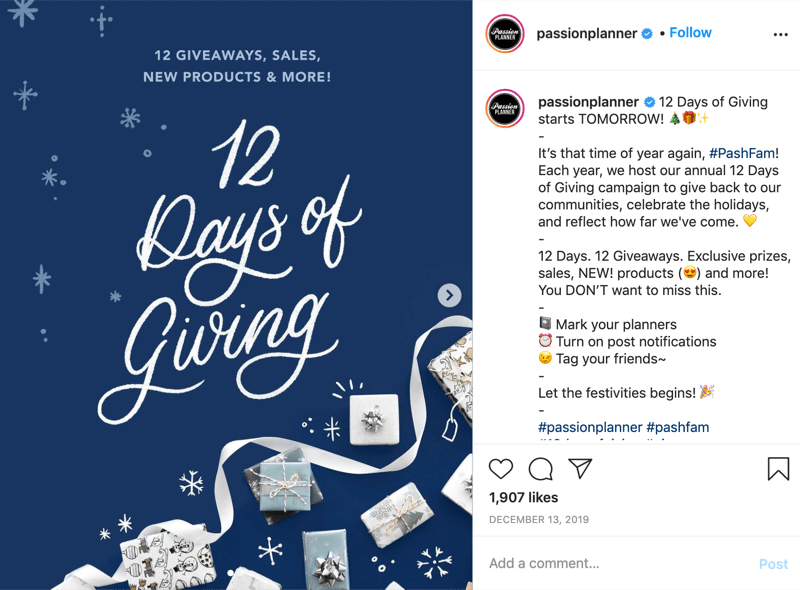 esimerkki instagram-lahjakilpailusta 12 päivän ajalta, jolloin @passionplanner antaa lahjoituksen ilmoittaakseen, että lahja alkaa seuraavana päivänä