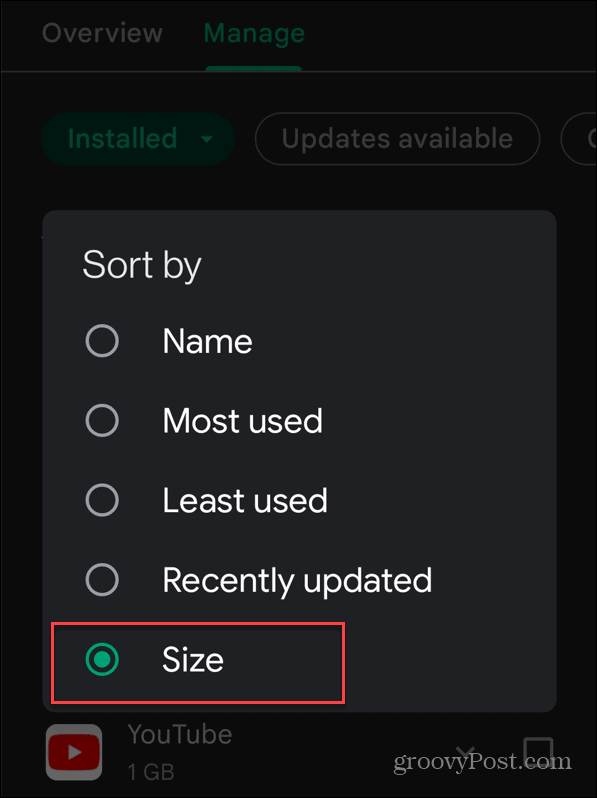 Lajittele sovellukset koon mukaan Android
