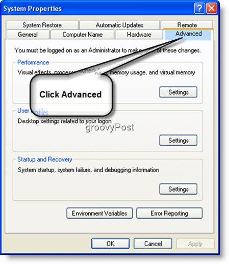 Järjestelmän ominaisuudet Lisäasetukset Windows XP