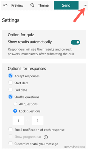 Math Quiz -asetukset Microsoft Formsissa