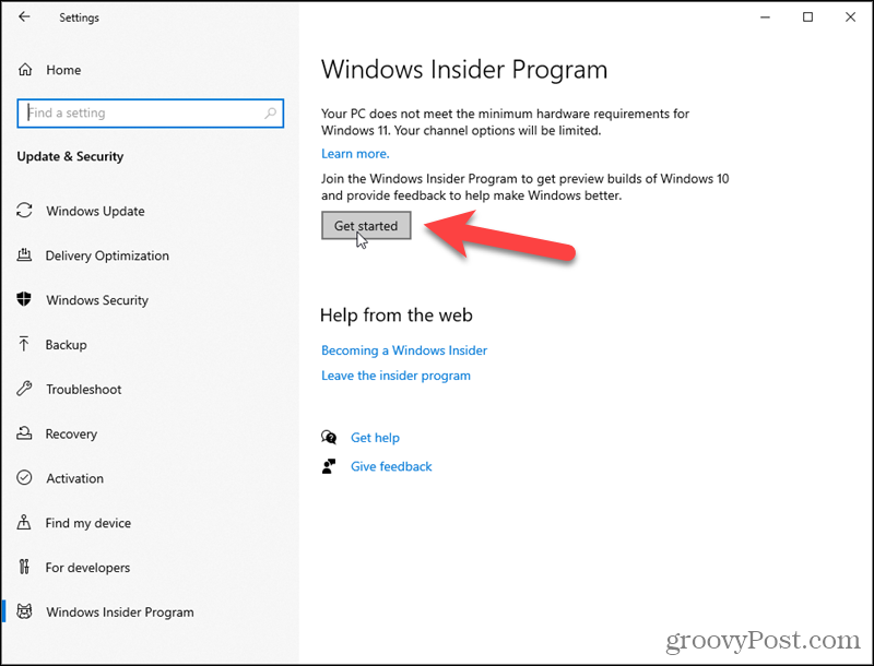Napsauta Aloita Windows Insider -ohjelman kohdalla