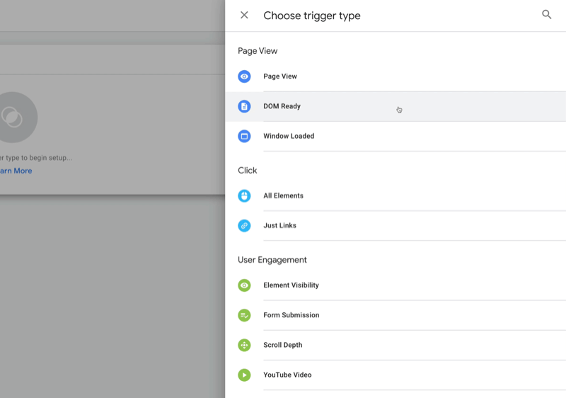 uusi google tag manager -tagi, jossa on valintanäppäintyypin valikkovaihtoehdot, kuten sivunäkymä, dom-valmius, kaikki elementit, lomakkeen lähetys ja vierityssyvyys