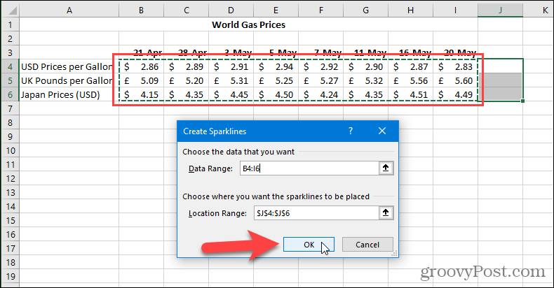 Luo Sparklines-valintaikkuna Excelissä