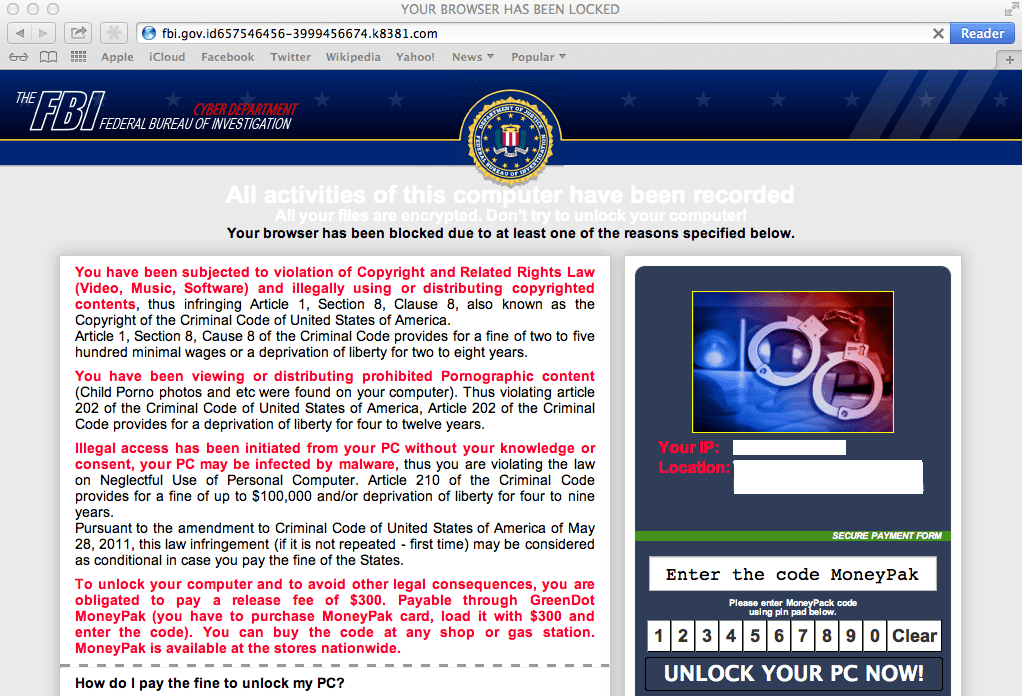 Ransomware-sivustot, jotka lähettävät FBI: n tavoittelut Mac OS X: lle - kuinka lopettaa se